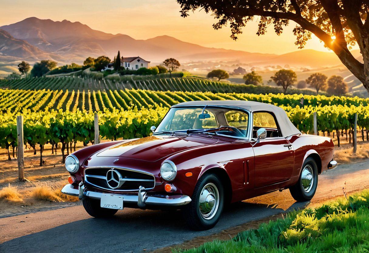 A stylish vintage car parked on a scenic vineyard road, with bottles of wine and gourmet cheeses artfully arranged on the hood. A sunset casts a warm glow, enhancing the romantic atmosphere, while lush grapevines line the background. Include a couple enjoying a wine tasting experience next to the car, creating a sense of adventure. vibrant colors. super-realistic.