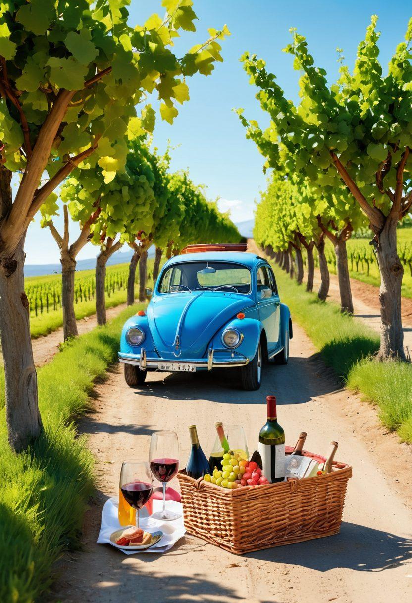 A vibrant and scenic road trip scene featuring a joyful group of friends enjoying wine tasting at a roadside vineyard, their colorful car parked nearby. The landscape should be filled with rolling green hills and grapevines under a bright blue sky. Include wine glasses raised in celebration and elements that showcase the adventure, like a map and a picnic basket. Colorful and lively atmosphere. super-realistic. vibrant colors. white background.