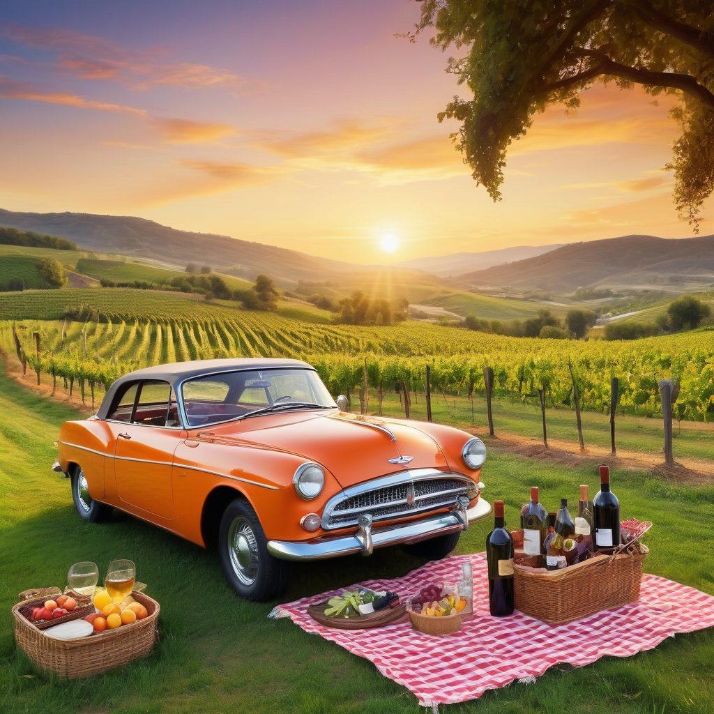 A scenic countryside road winding through vineyards, with a vintage car parked nearby. A picnic setup featuring a wooden table laid with an array of wine bottles and gourmet foods, reflecting joy and relaxation. The sky is painted in warm sunset hues, symbolizing a perfect evening drive. Include playful elements like wine glasses toasting in mid-air and grapes scattered on the grass. super-realistic. vibrant colors.